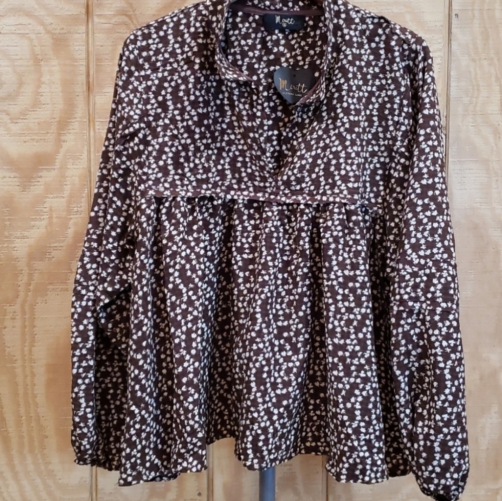 Meritt NWT Brown White Print Long Sleeve Babydoll  Top Size 1XL